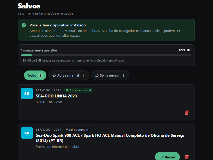 Tela Salvos do aplicativo: um manual gravado no aparelho ocupando 891 KB, com o selo “Abre sem sinal”, e outro marcado como “Só na nuvem”, que precisa de internet para abrir.